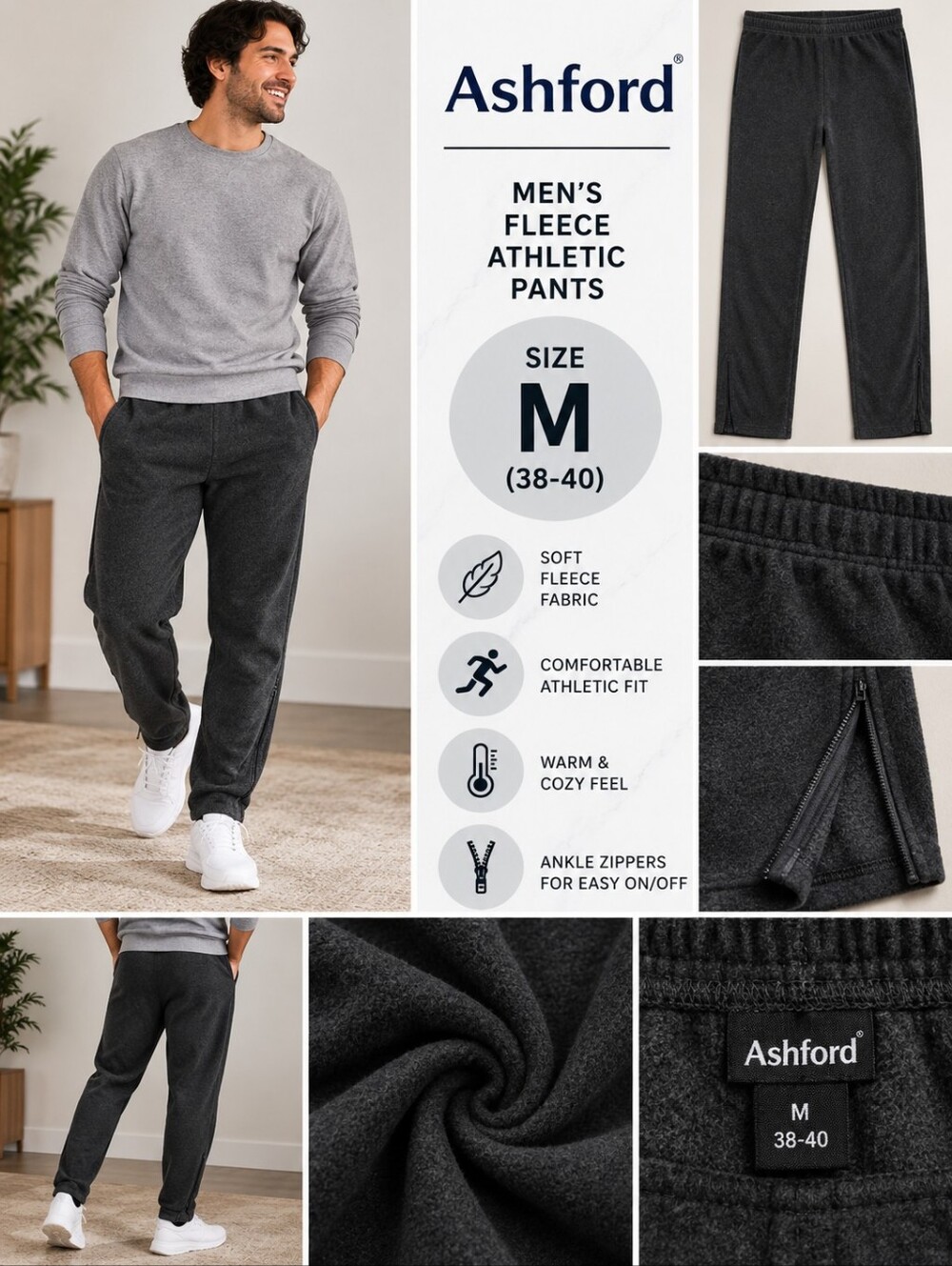 Ashford sport mens medium grey fleece athletic pants #37